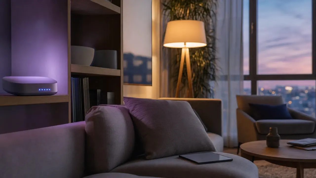 A calm living room at dusk with a Wi-Fi router glowing on a bookshelf