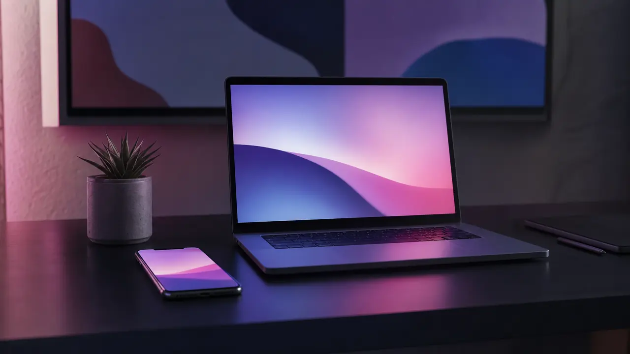 A tidy dark desk with a phone and a laptop glowing softly