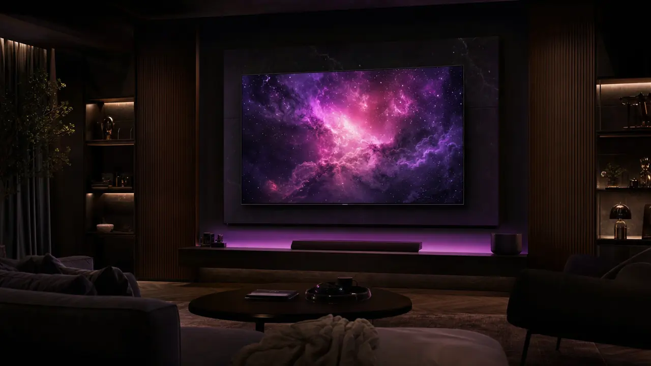 A big TV showing a magenta nebula in a dark home cinema