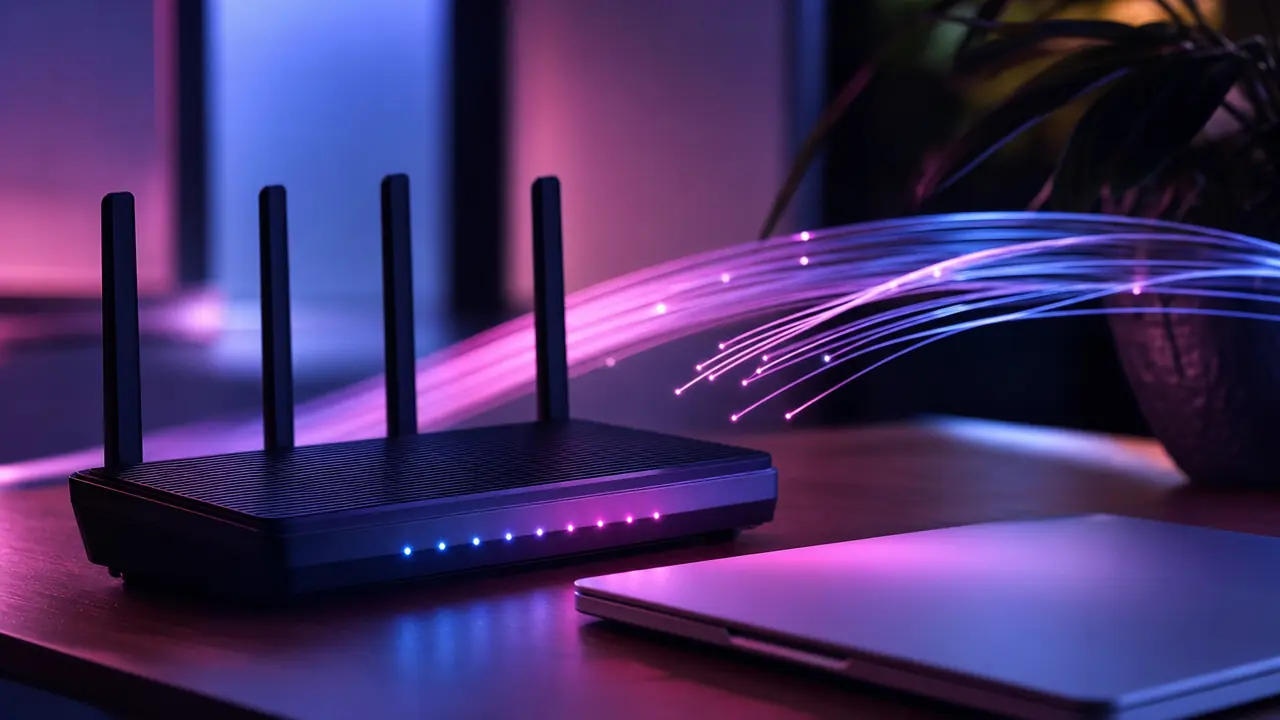 A router glowing next to a laptop with streaks of light