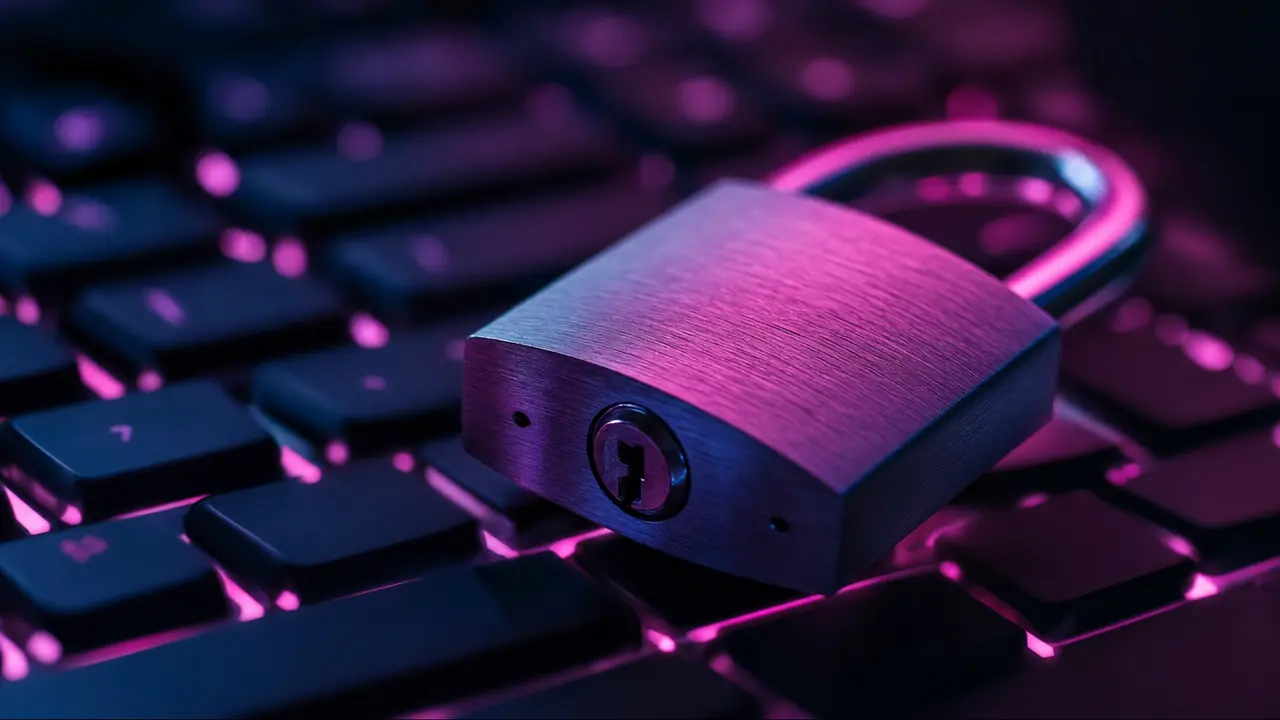 A padlock resting on a backlit keyboard