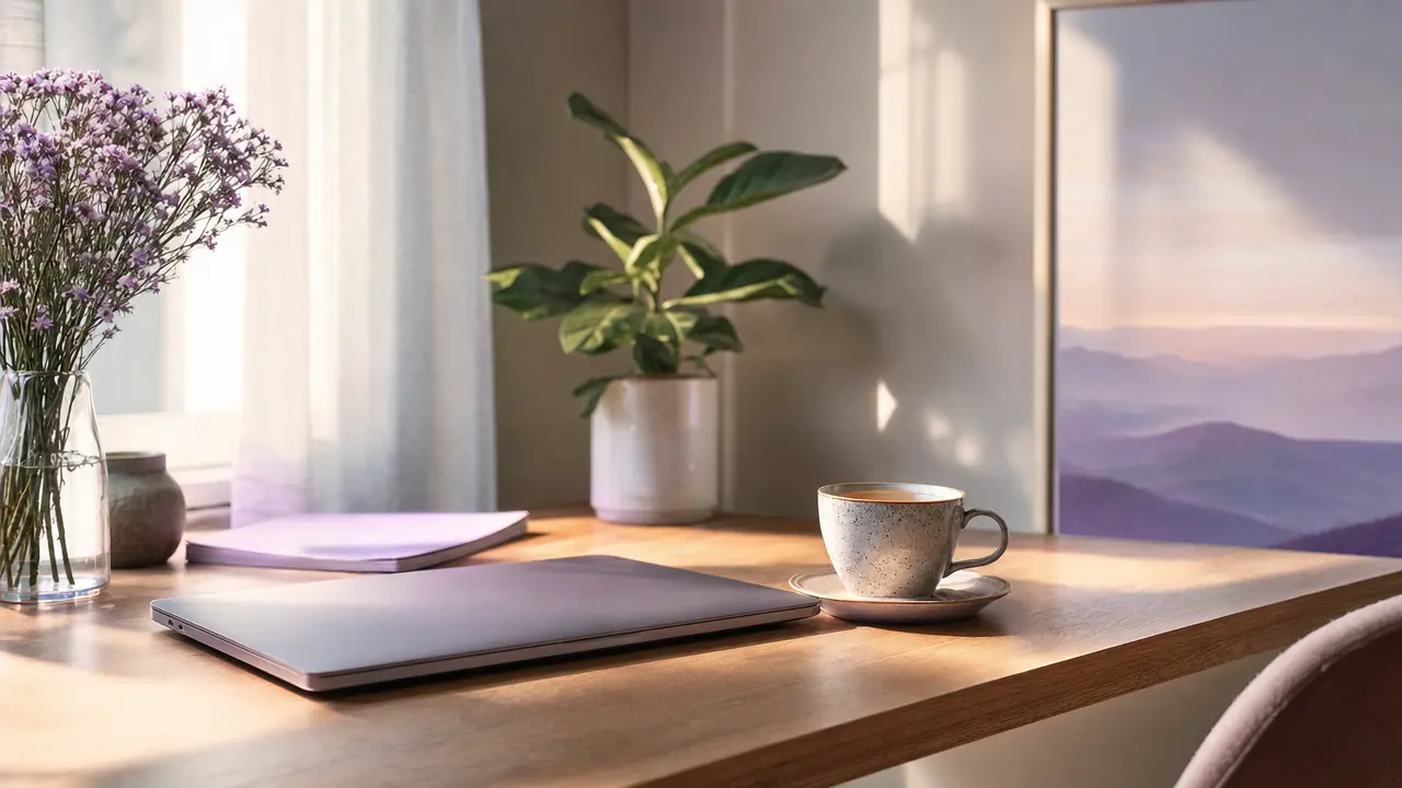 Morning light on an empty desk with a closed laptop and a cup of tea