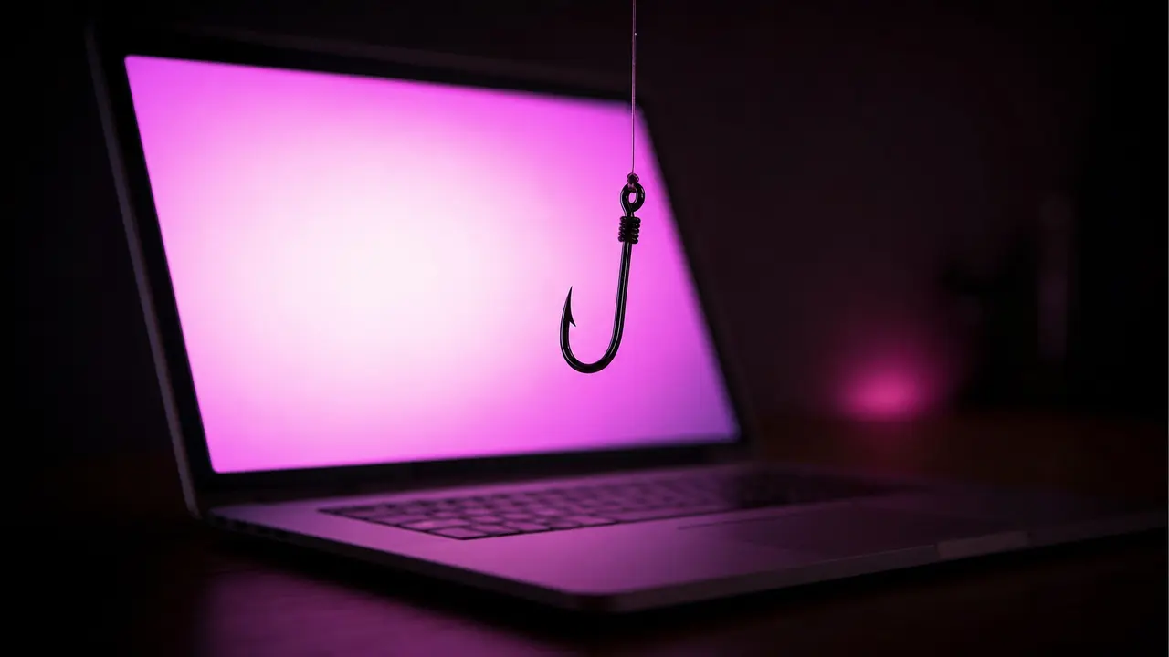 A fishing hook in front of a glowing laptop screen