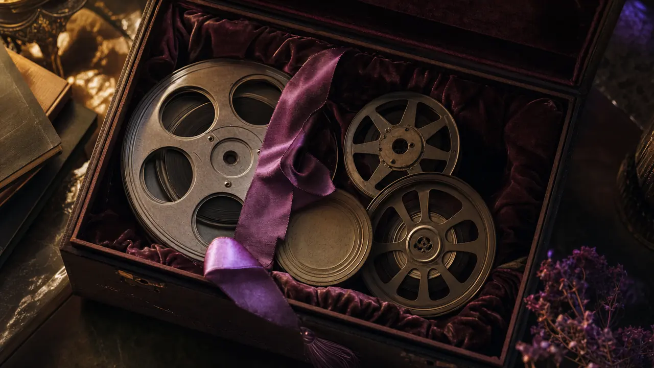 Film reels and a silk ribbon in a velvet-lined box