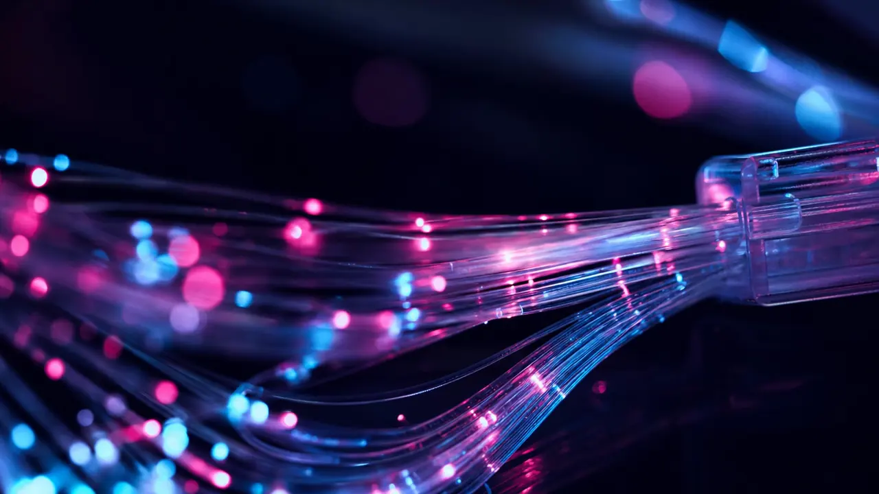 Glowing fiber-optic strands in magenta and cyan