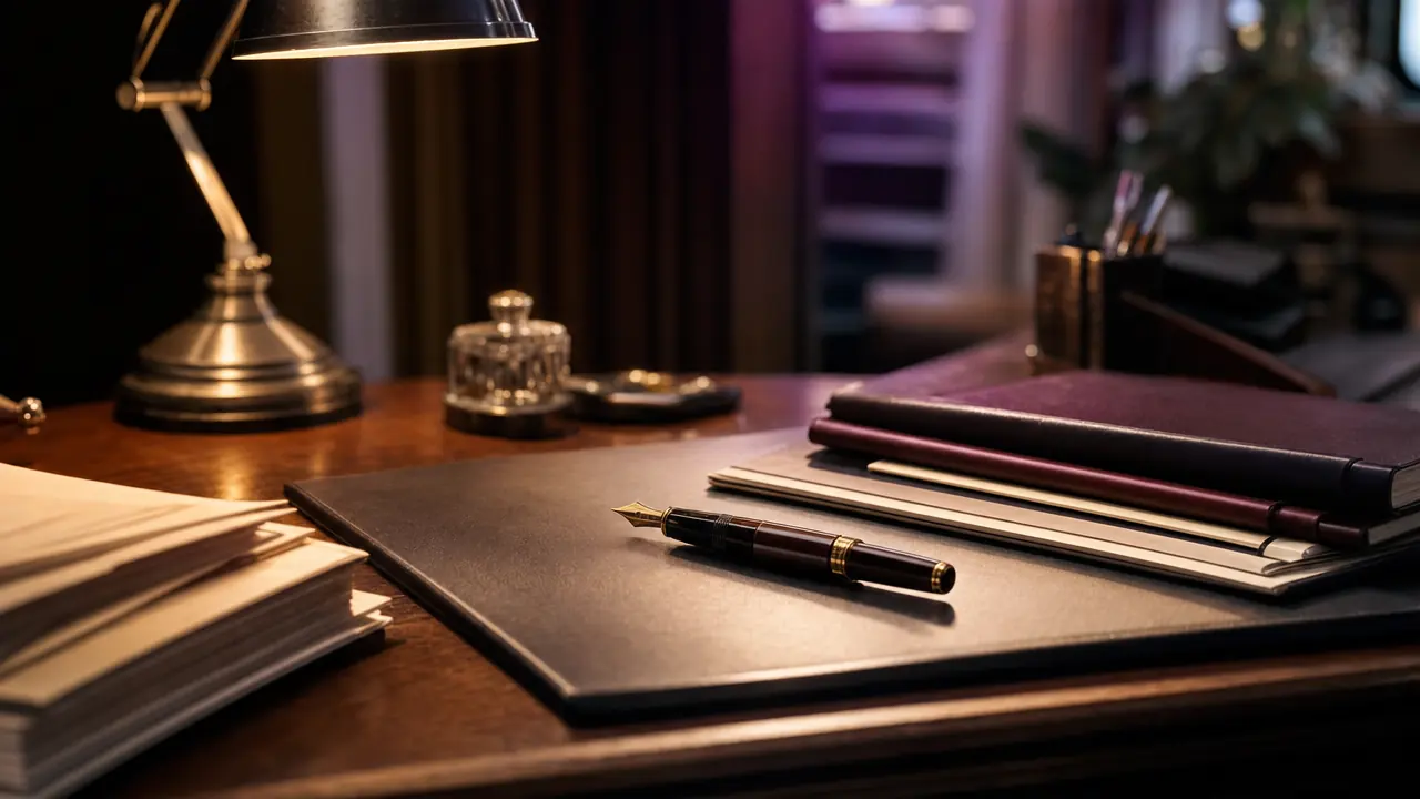 Neatly stacked folders and a fountain pen under lamp light